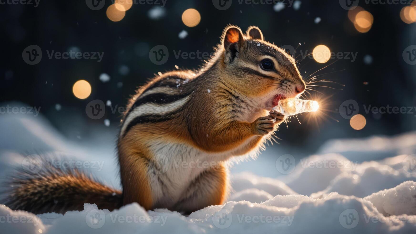 A chipmunk enjoys a glowing snack in a snowy landscape, surrounded by soft snowfall and lights. photo