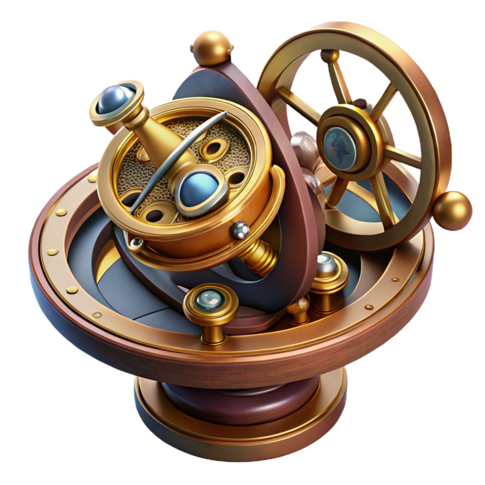 quintessential industrial Steampunk astrolabe with intricate markings and rotating discs. NO BACKGROUND with Transparent Background. sharp png