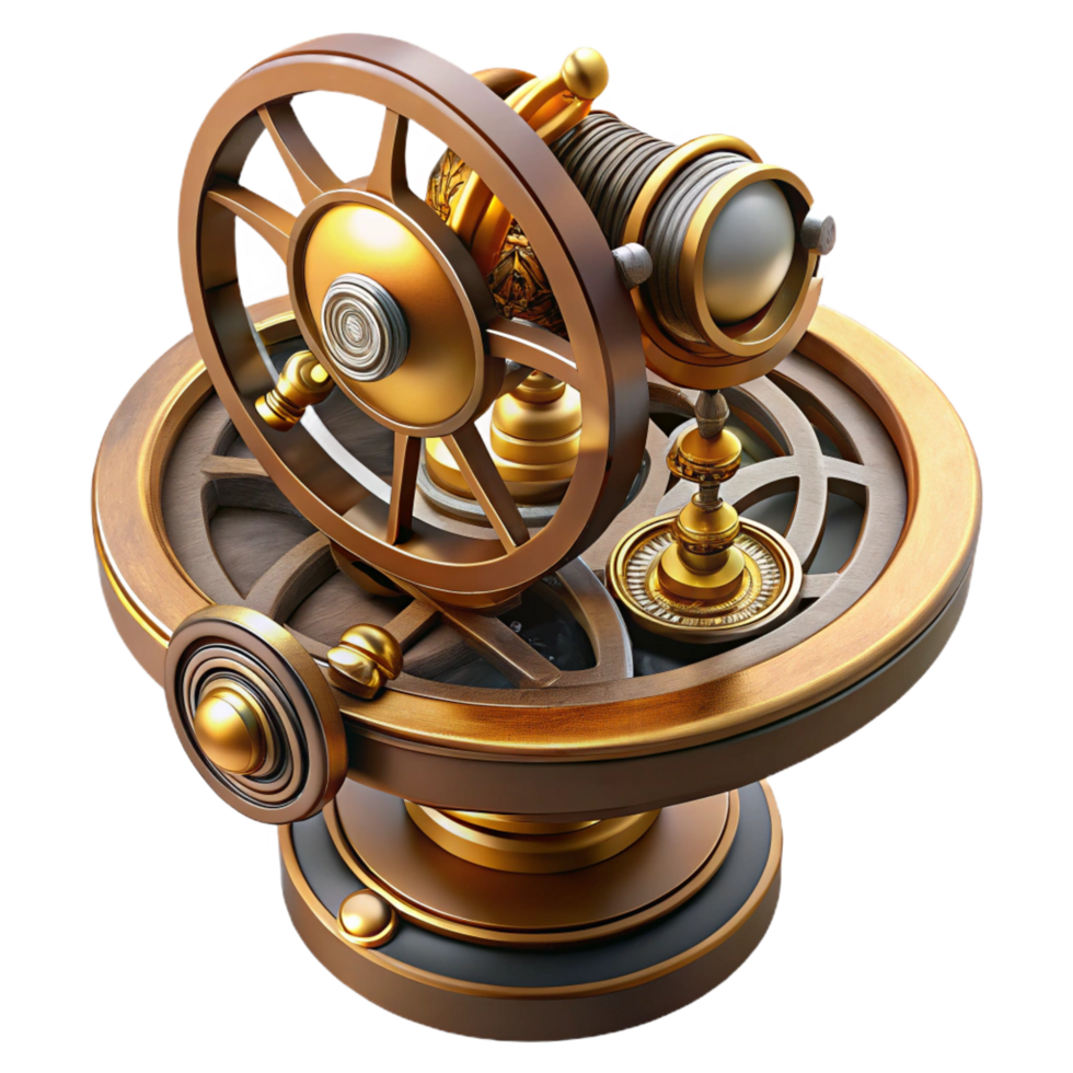 romantic serene Steampunk astrolabe with intricate markings and rotating discs. NO BACKGROUND with Transparent Background. top-tier png