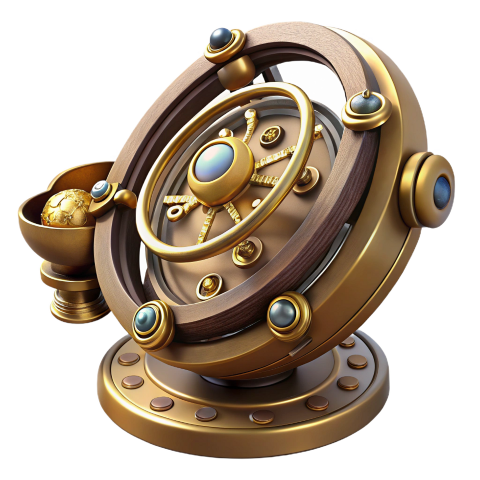 remarkable elegant Steampunk astrolabe with intricate markings and rotating discs. NO BACKGROUND with Transparent Background. luxury png