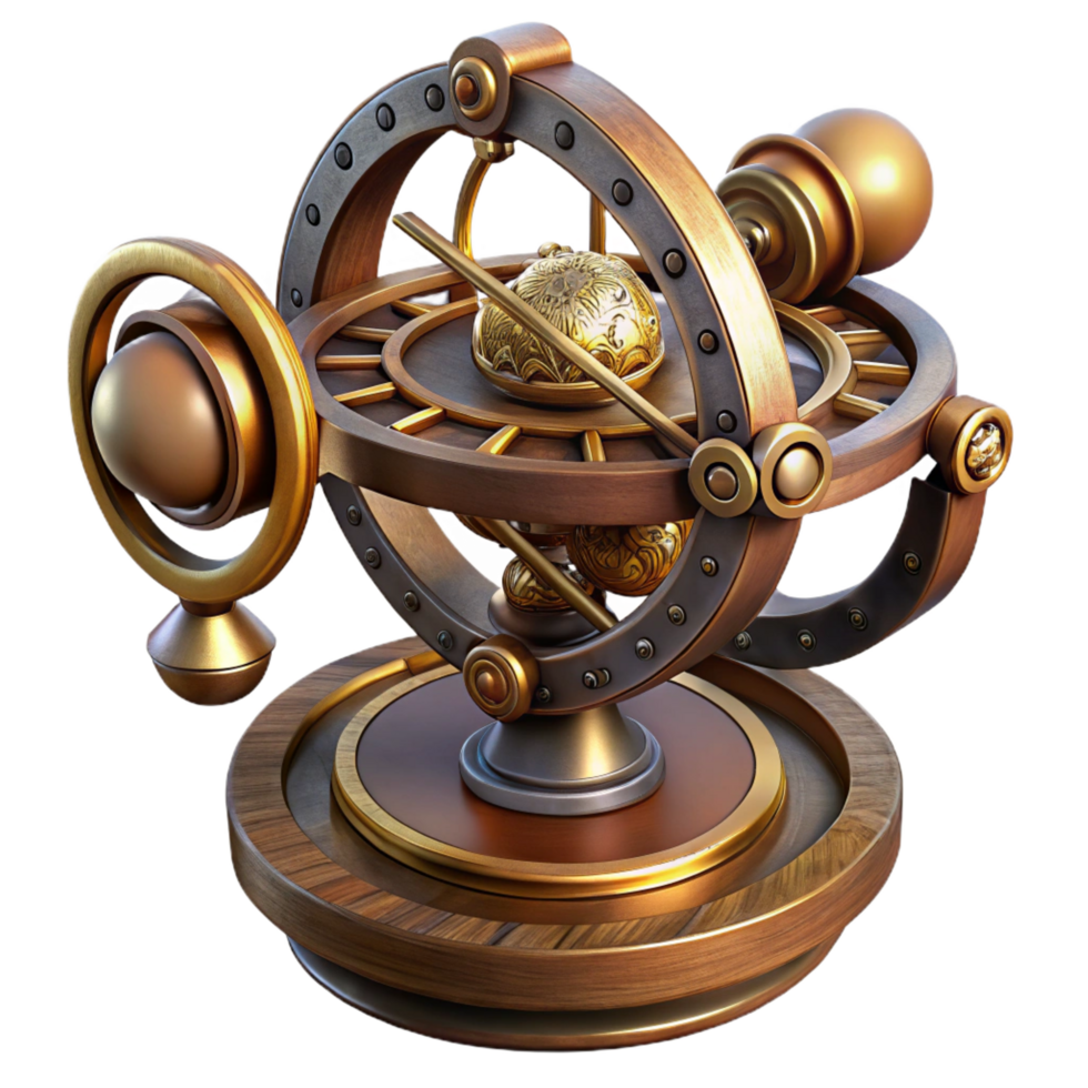 sought-after artistic Steampunk astrolabe with intricate markings and rotating discs. NO BACKGROUND with Transparent Background. precision png