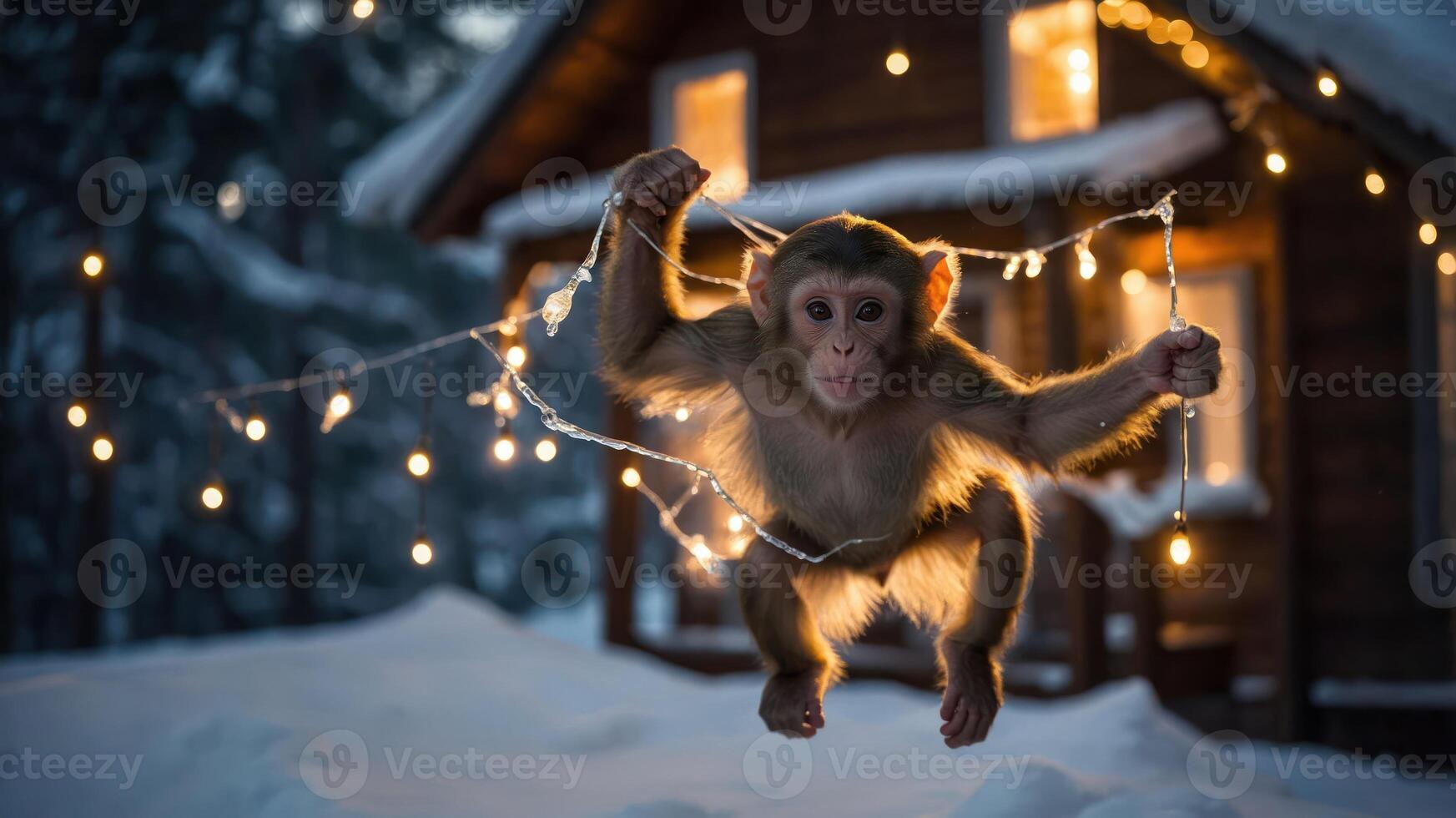 A playful monkey hanging from fairy lights in a snowy landscape near a cozy cabin. photo