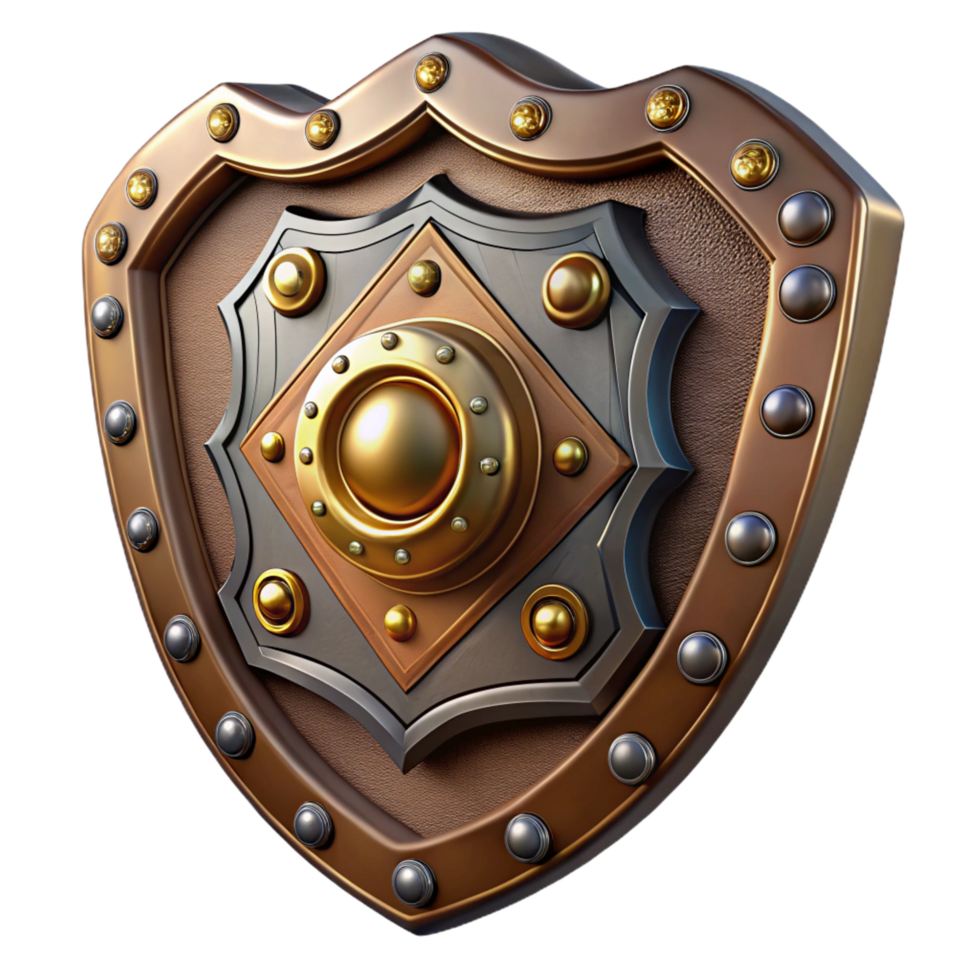 picturesque calm nordic Steampunk shield with intricate metalwork and brass embellishments. NO BACKGROUND with Transparent Background. flawless png