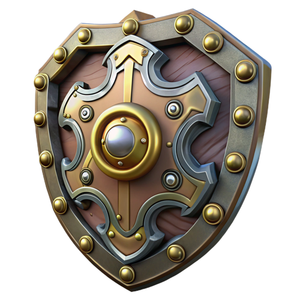 striking bohemian Steampunk shield with intricate metalwork and brass embellishments. NO BACKGROUND with Transparent Background. premium png