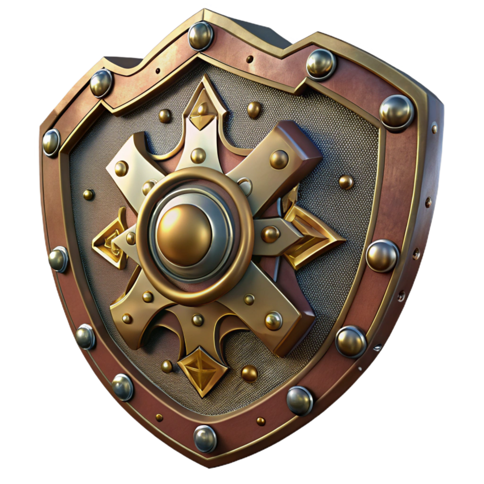 dramatic inspired Steampunk shield with intricate metalwork and brass embellishments. NO BACKGROUND with Transparent Background. png