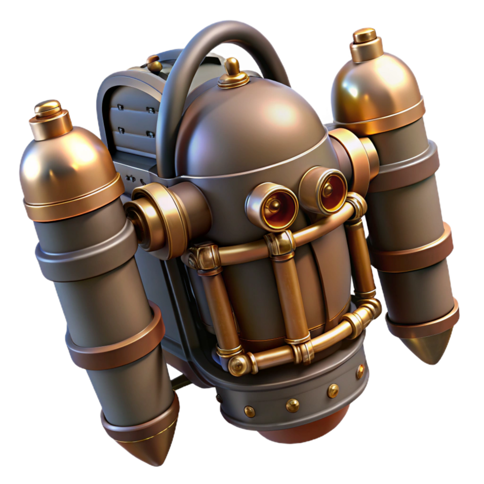 impressive retro Steampunk jetpack with miniature steam engines and brass nozzles. NO BACKGROUND with Transparent Background. ultra HD png