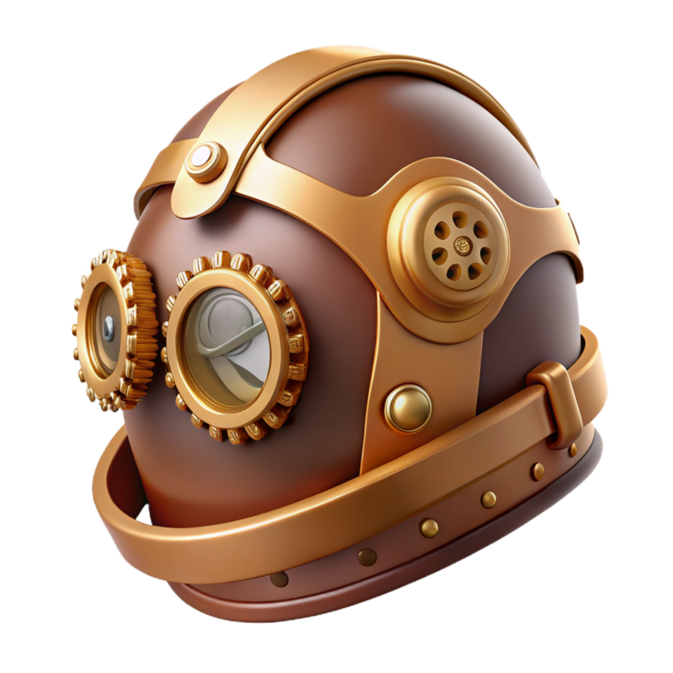 striking iconic Steampunk helmet with intricate gears and a tinted visor. NO BACKGROUND with Transparent Background. png