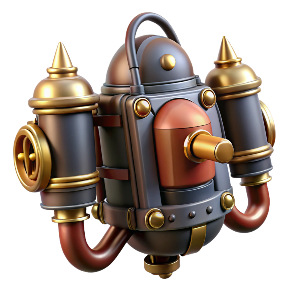 unforgettable classic Steampunk jetpack with miniature steam engines and brass nozzles. NO BACKGROUND with Transparent Background. artisan png