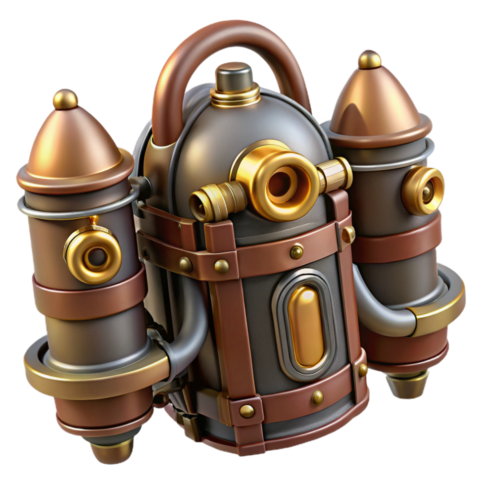 wonderful acclaimed Steampunk jetpack with miniature steam engines and brass nozzles. NO BACKGROUND with Transparent Background. png
