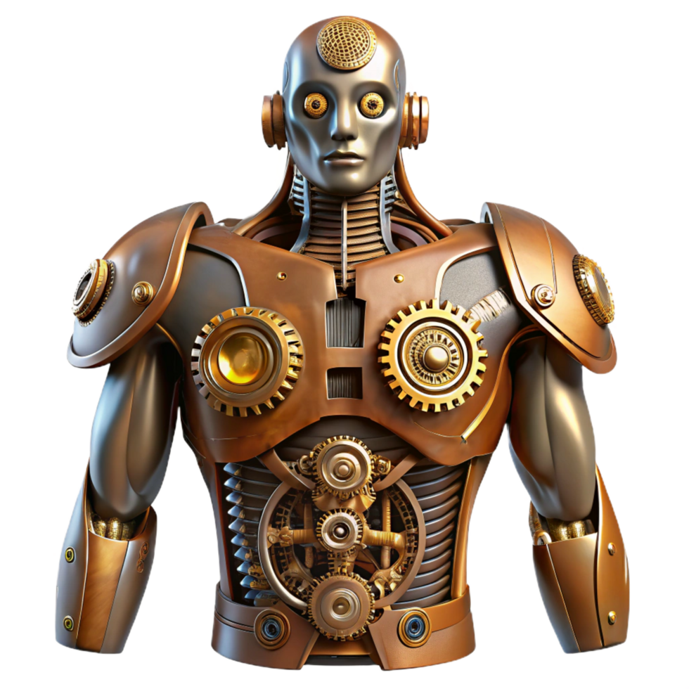 acclaimed classic Steampunk robotic torso with exposed gears and intricate wiring. NO BACKGROUND with Transparent Background. flawless png