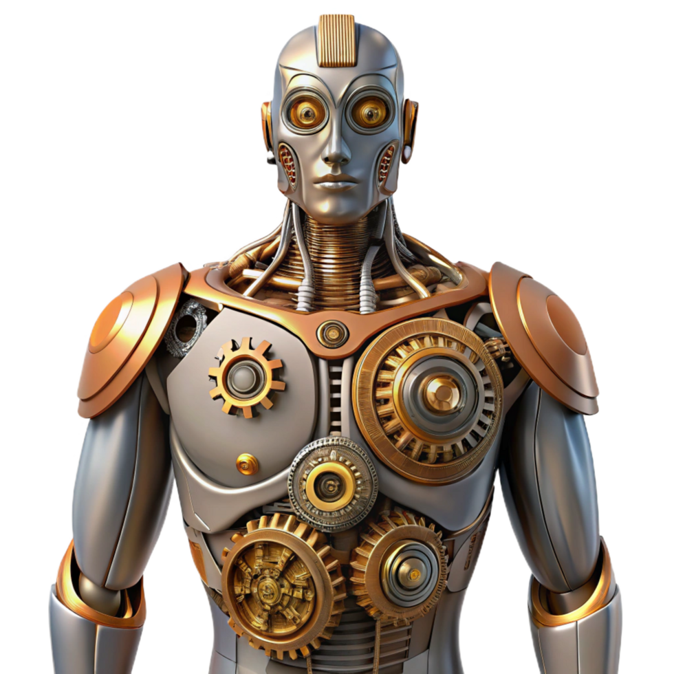 intense beautiful Steampunk robotic torso with exposed gears and intricate wiring. NO BACKGROUND with Transparent Background. genuine png