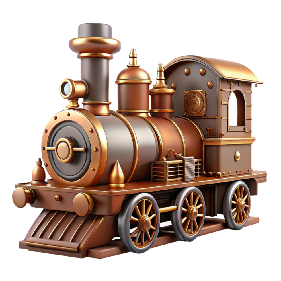 memorable urban Steampunk train miniature with intricate details and steam engine. NO BACKGROUND with Transparent Background. precision png