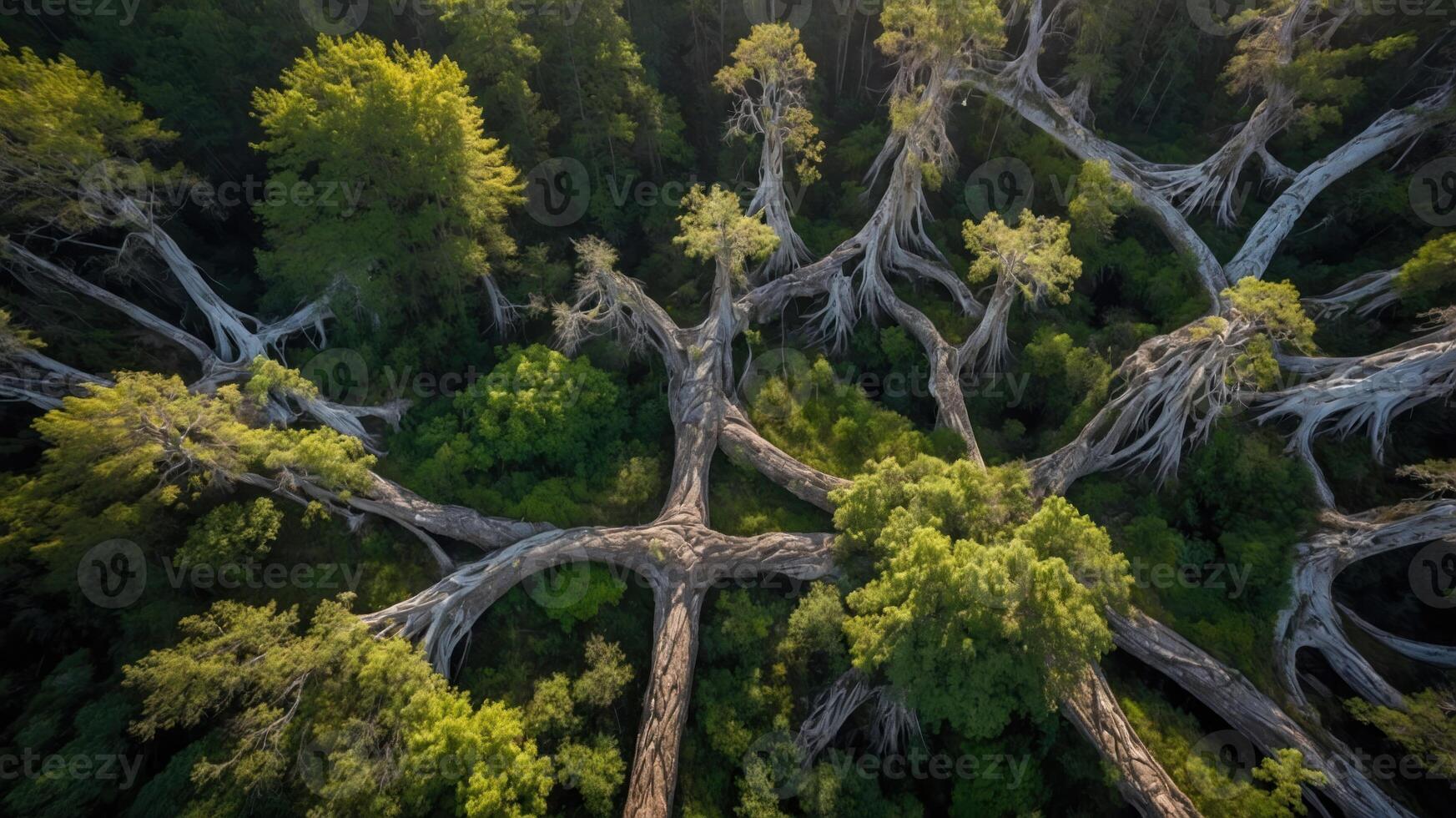 Aerial view of sprawling trees with intricate branches in a lush forest. photo