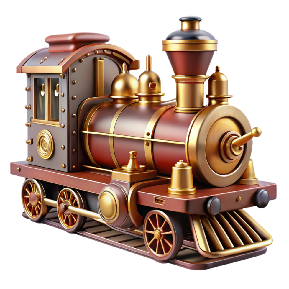 memorable coastal Steampunk train miniature with intricate details and steam engine. NO BACKGROUND with Transparent Background. luxury png