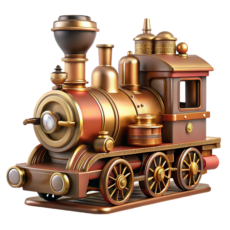 impressive artistic Steampunk train miniature with intricate details and steam engine. NO BACKGROUND with Transparent Background. refined png