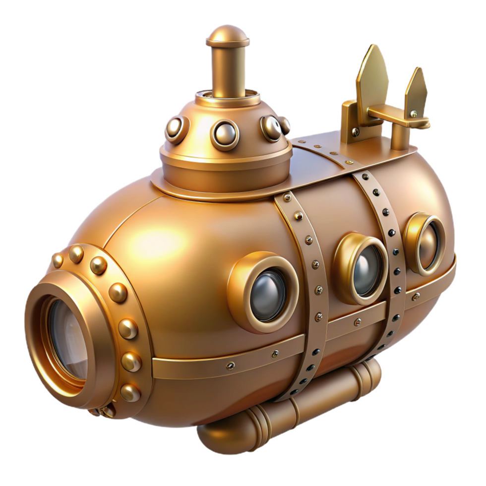 pristine nordic Steampunk submarine miniature with intricate details and portholes. NO BACKGROUND with Transparent Background. impeccable png
