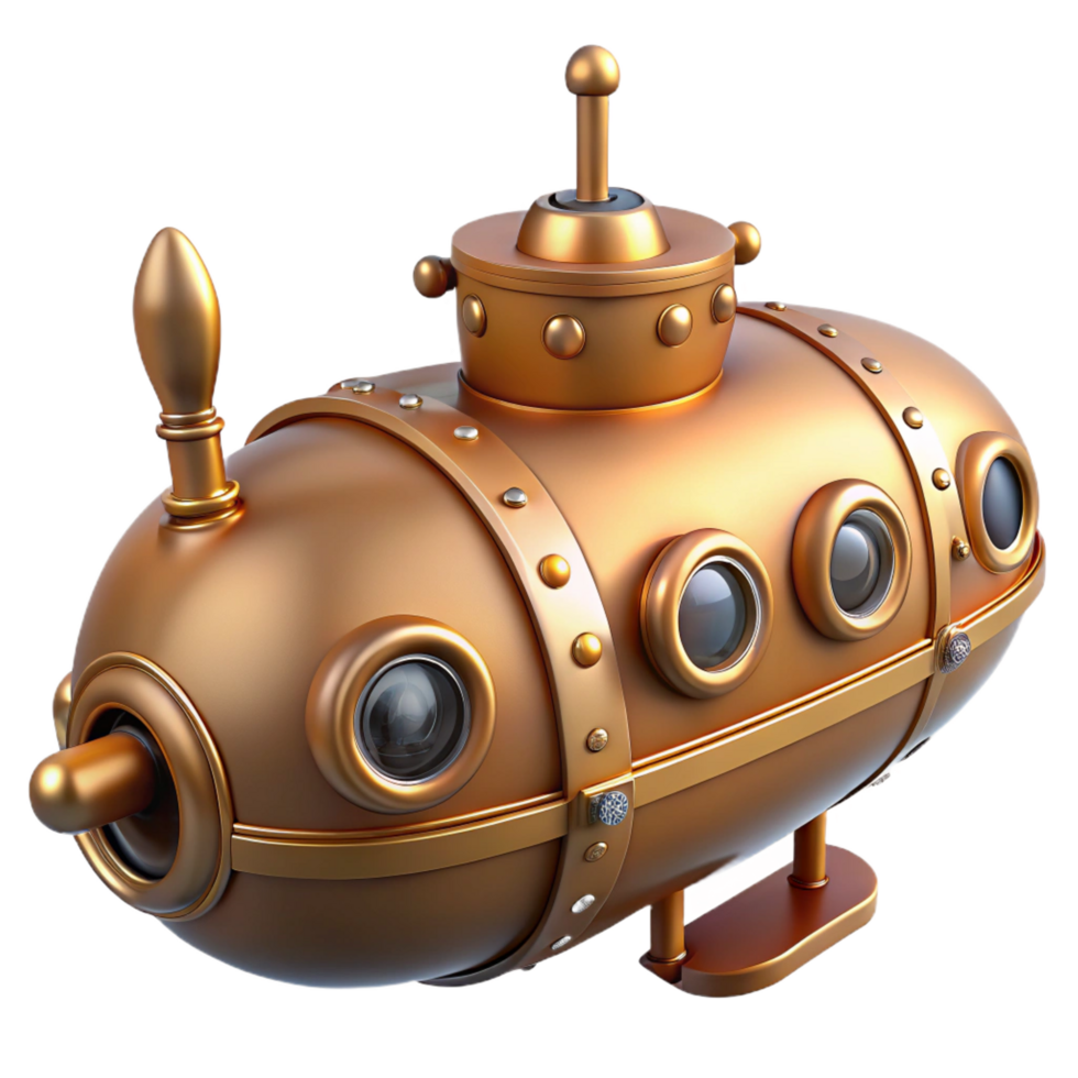 radiant avant-garde Steampunk submarine miniature with intricate details and portholes. NO BACKGROUND with Transparent Background. 4K png