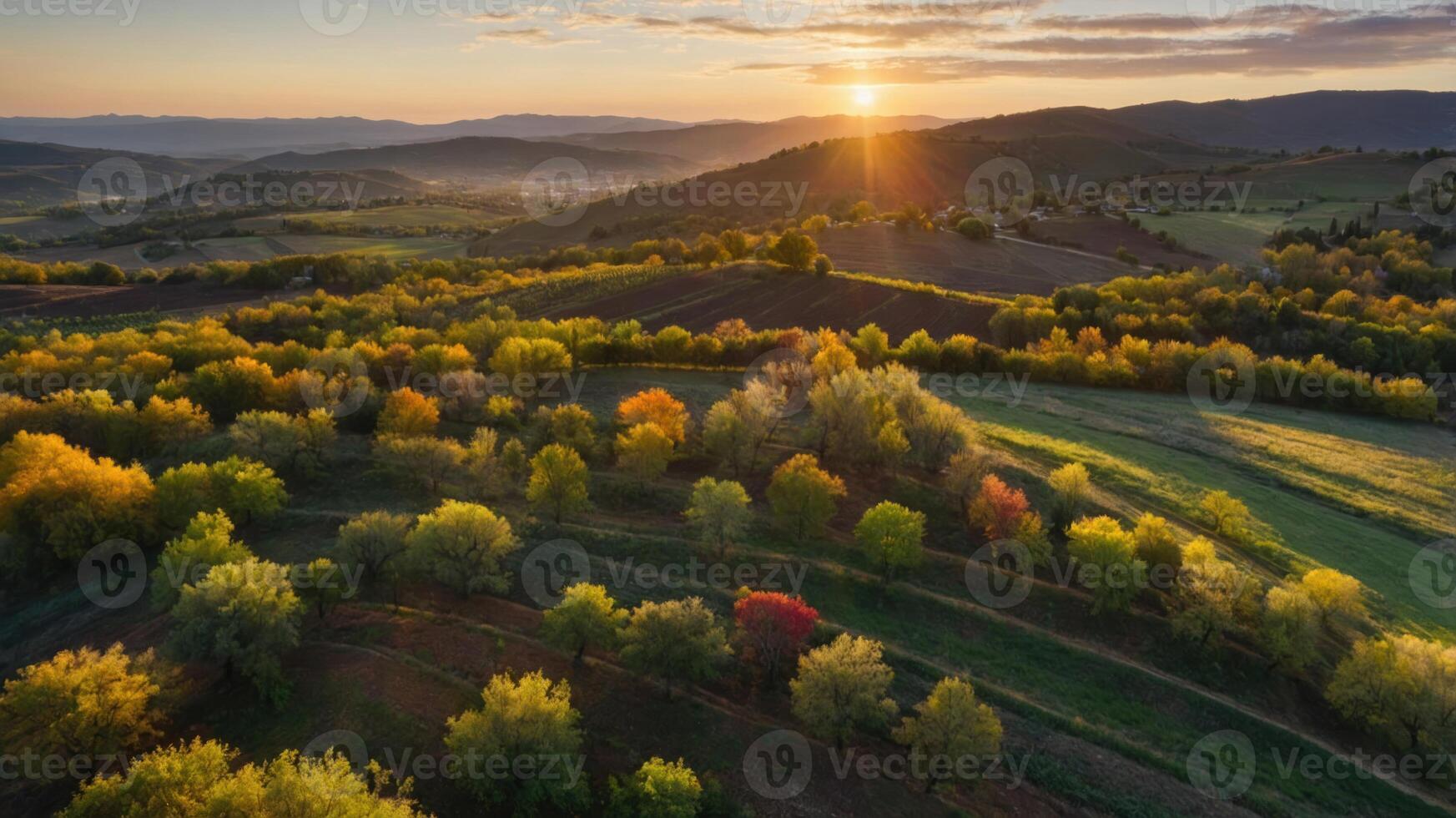 A serene landscape at sunset, showcasing rolling hills and colorful autumn foliage. photo