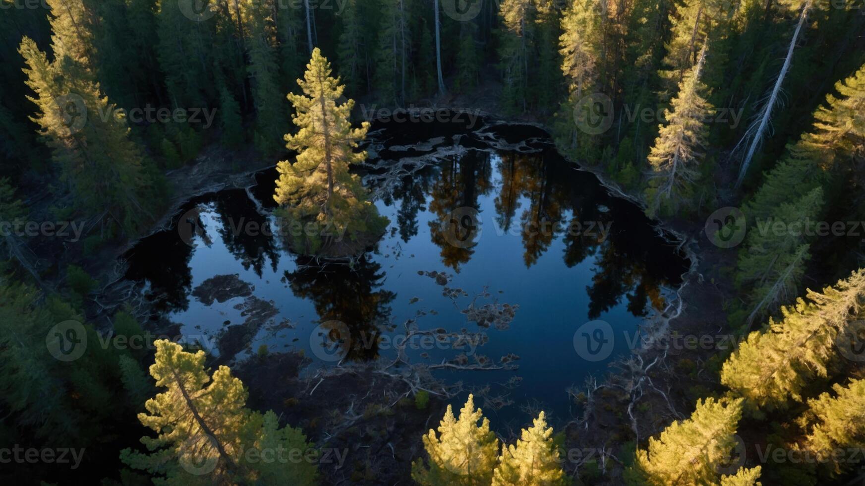 A serene forest pond surrounded by tall trees reflecting in the water. photo