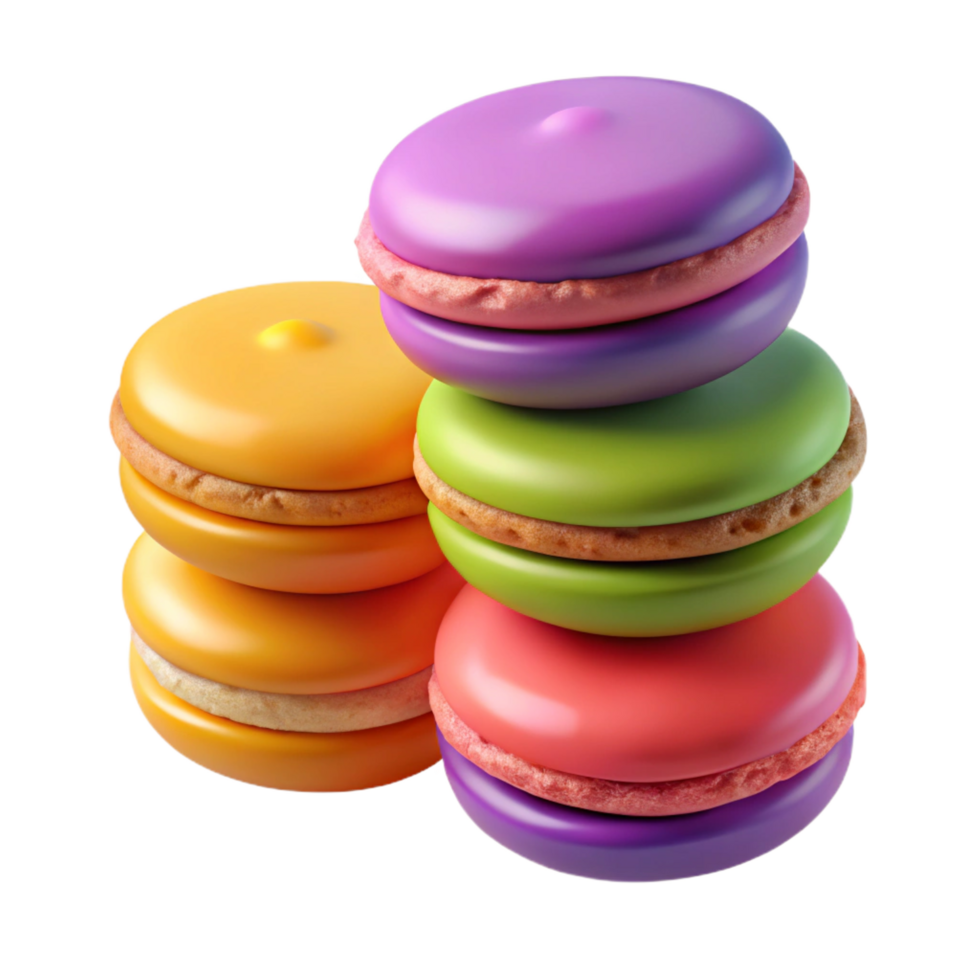 sumptuous reflective surreal A stack of colorful macarons, various flavors, NO BACKGROUND with Transparent Background. detailed png
