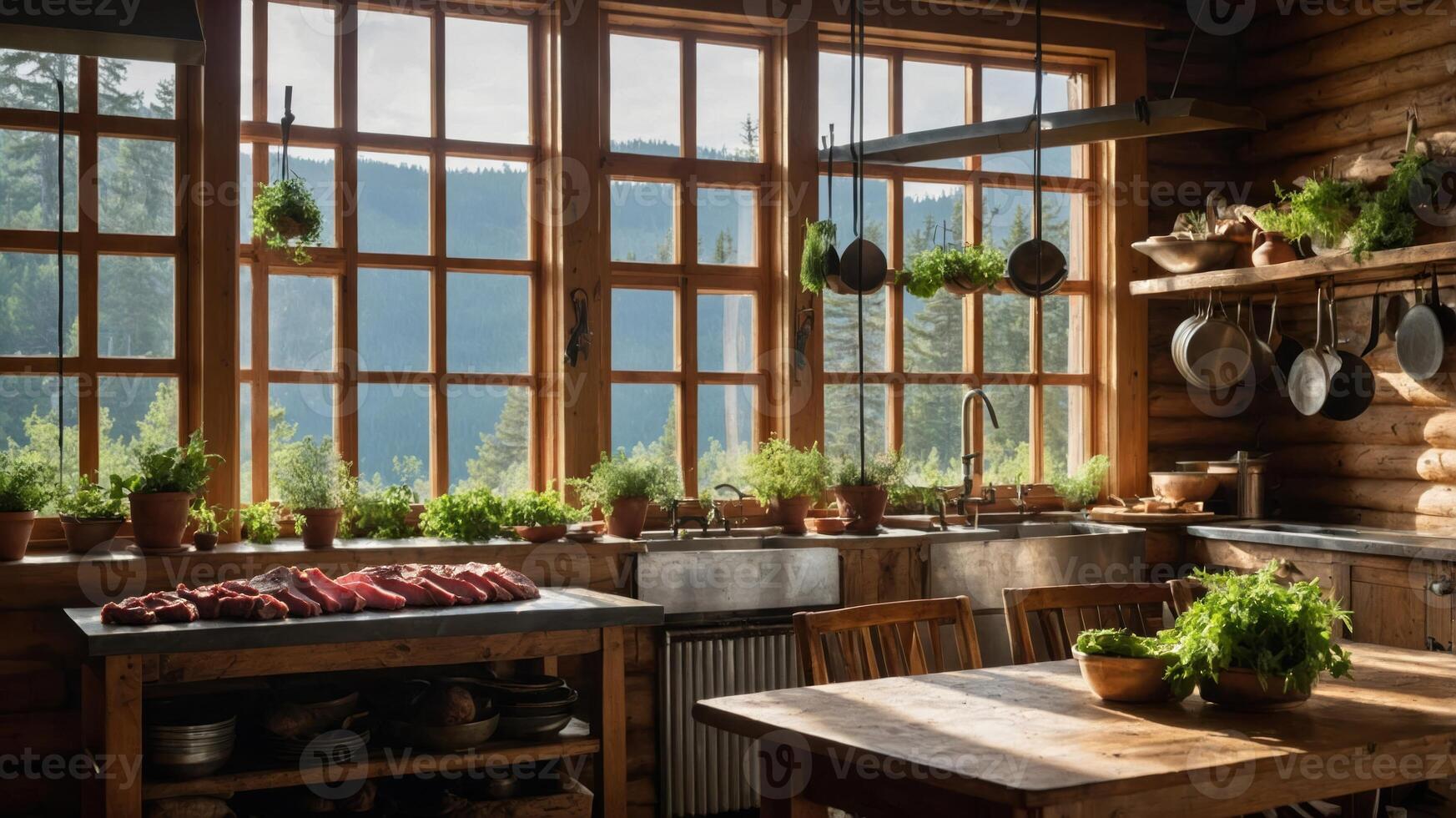A rustic kitchen with large windows, plants, and fresh meat ready for preparation. photo