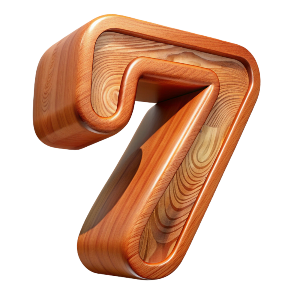 vibrant exemplary A wooden number 7, carved and polished, NO BACKGROUND with Transparent Background. png