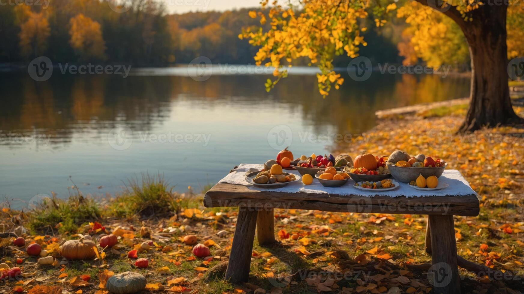 A rustic table set with autumn fruits beside a serene lake and colorful foliage. photo