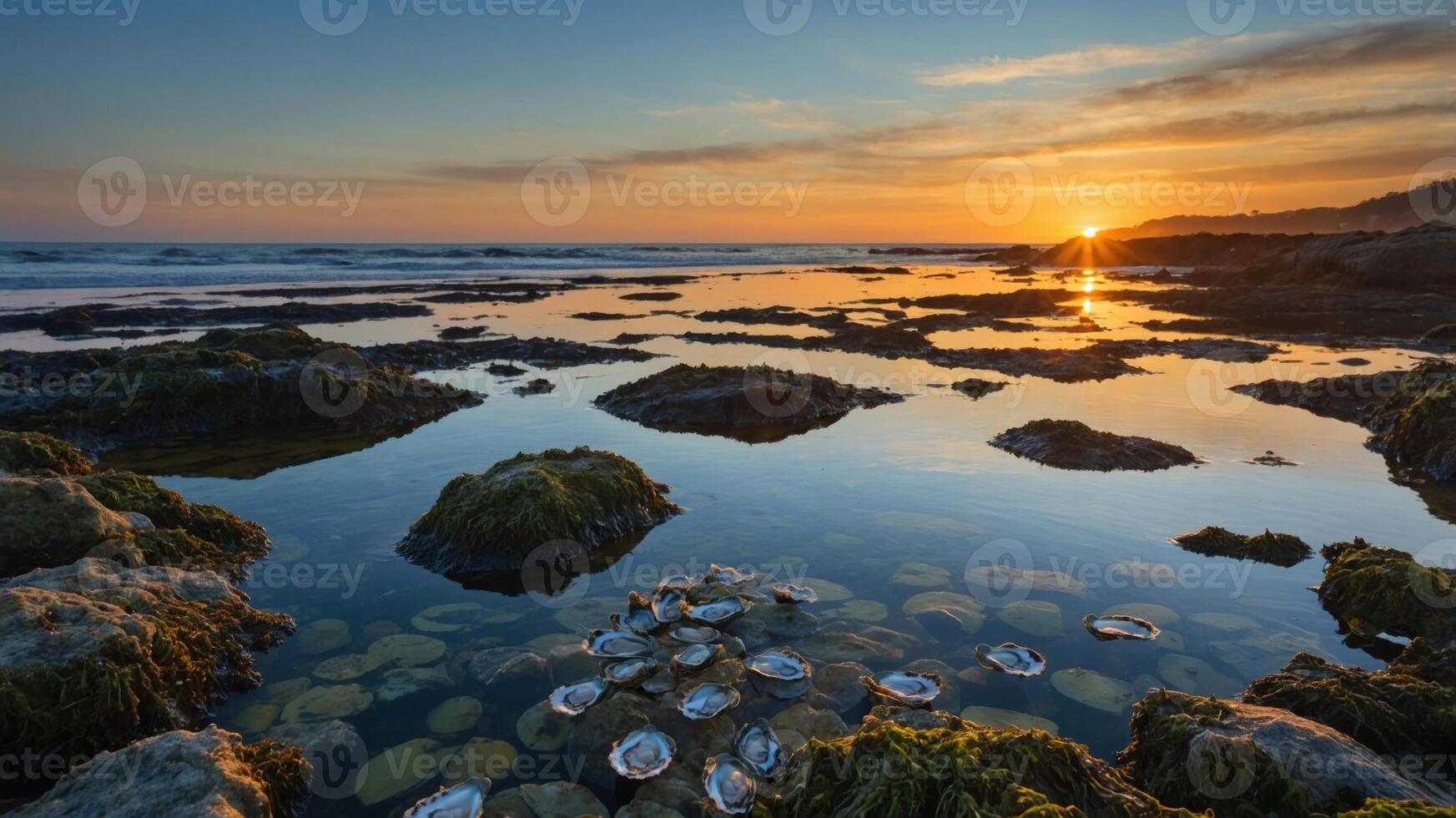A serene coastal sunset reflecting on tidal pools filled with sea life and rocky formations. photo
