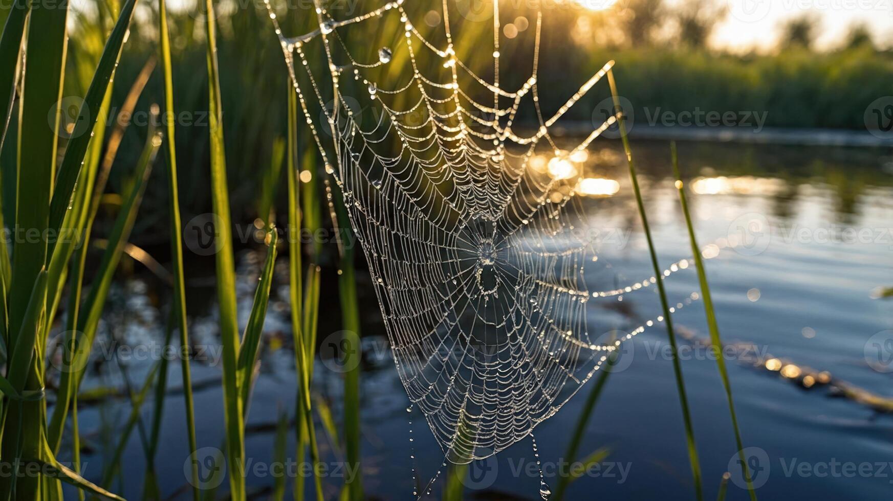 A close-up of a spider web adorned with dew drops, set against a tranquil water background. photo