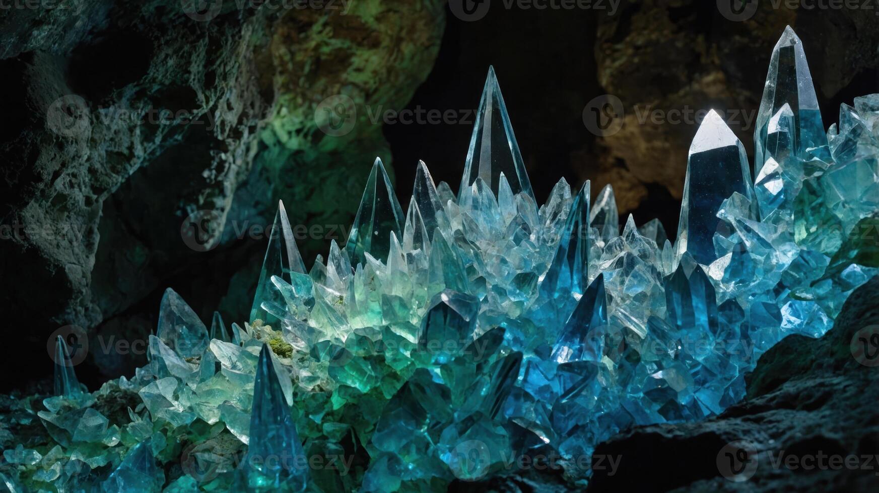 A stunning display of crystalline formations illuminated in a cave setting. photo