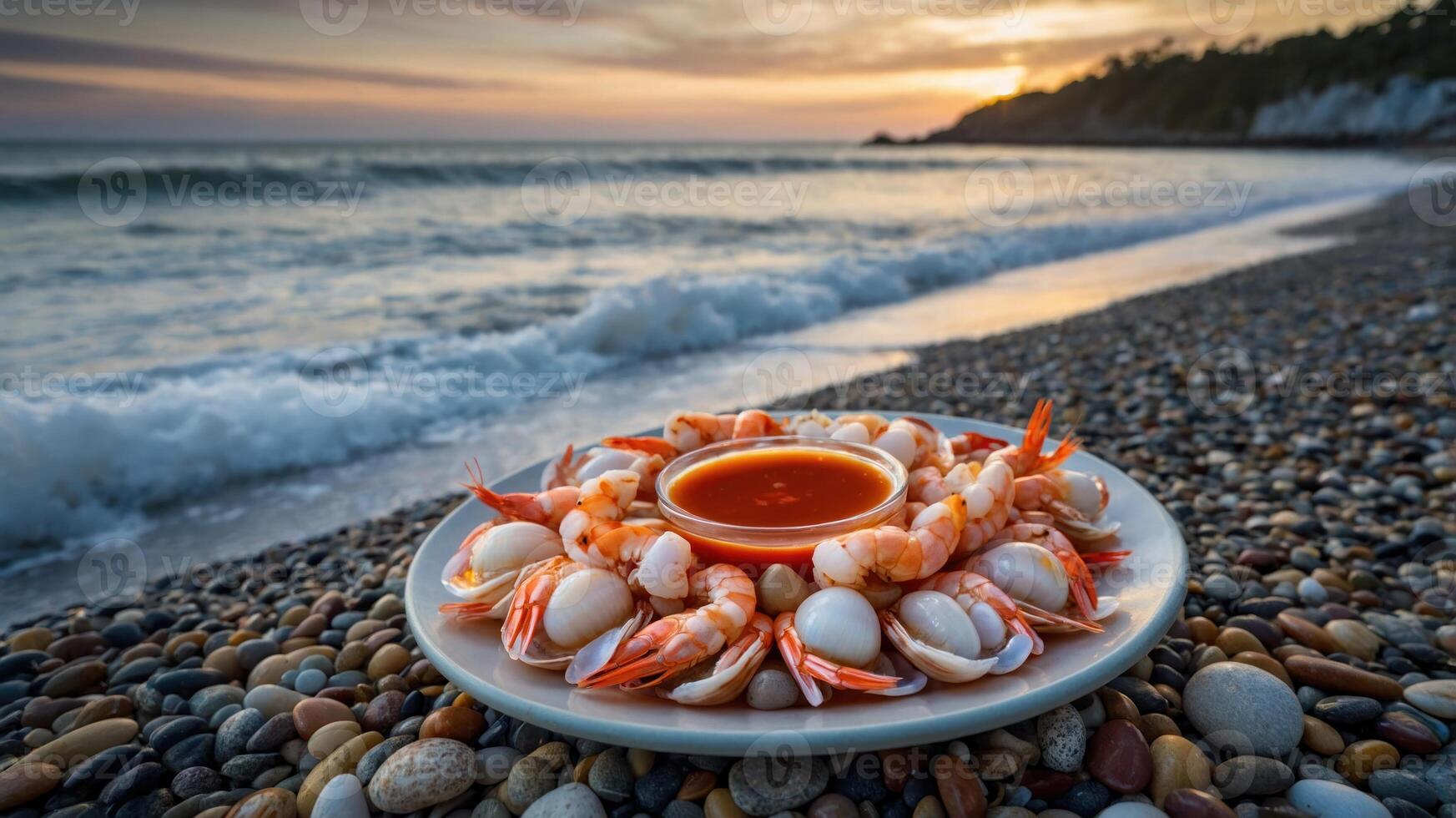 A plate of shrimp and scallops on a pebbled beach at sunset. photo