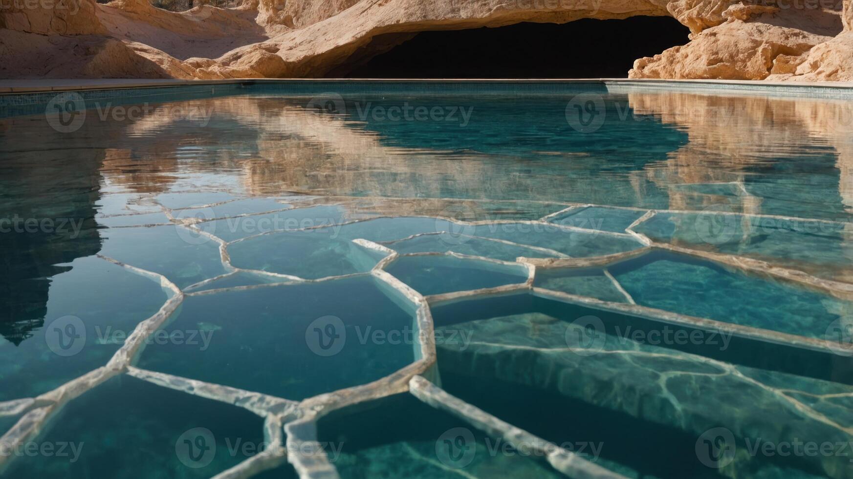 A tranquil pool with a hexagonal pattern reflecting cave formations. photo