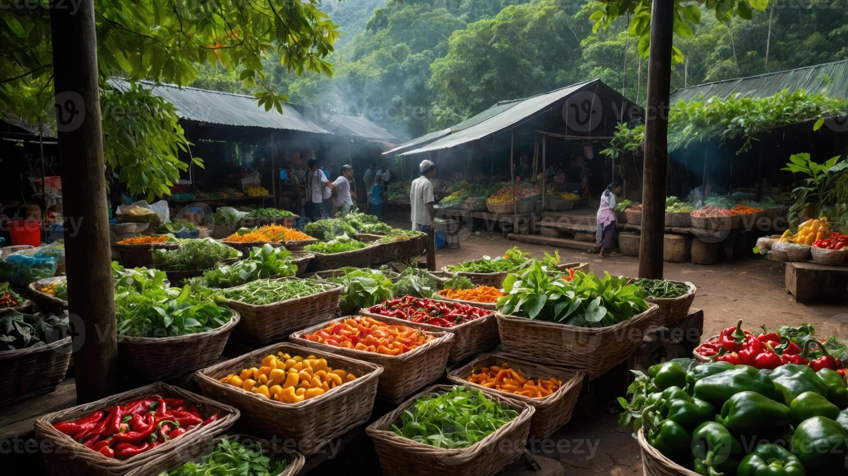 A vibrant market scene showcasing fresh vegetables and fruits in baskets under leafy canopies. photo