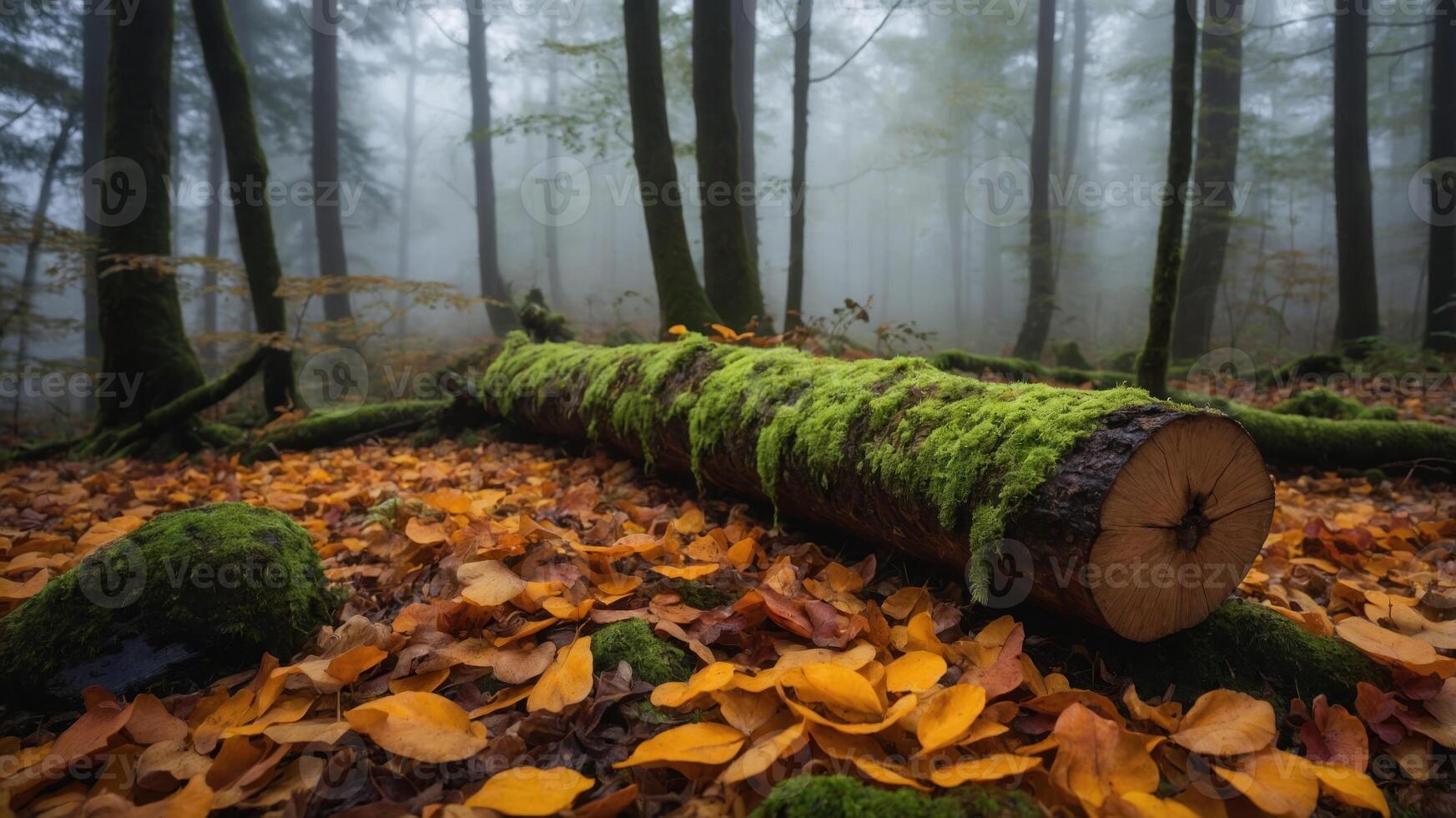A serene forest scene with a moss-covered log and autumn leaves in a foggy atmosphere. photo