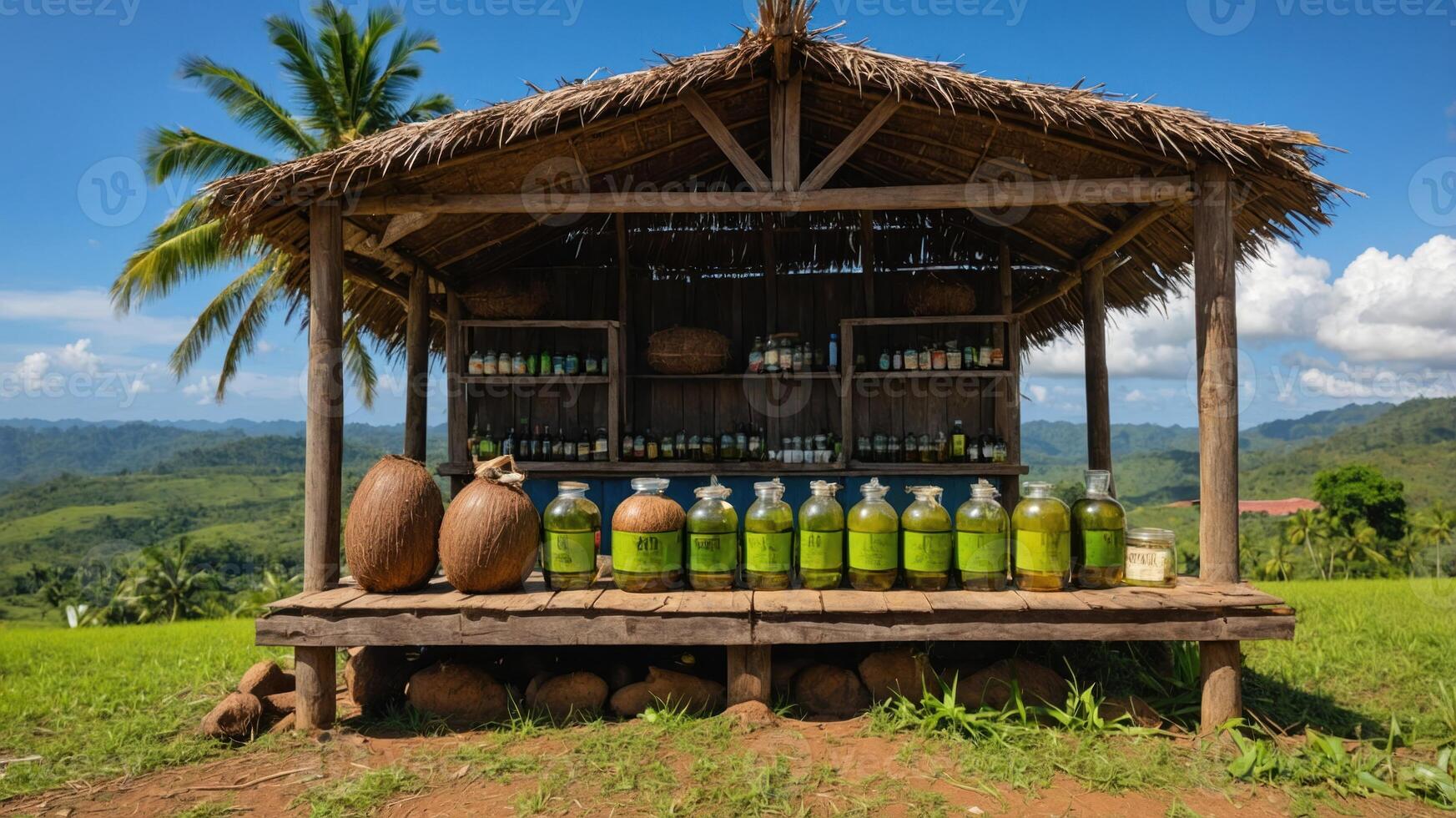 A rustic stand displaying jars of green liquid against a scenic landscape. photo