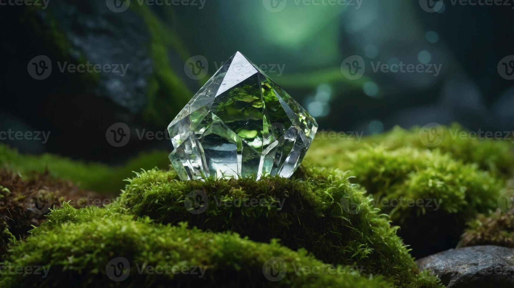 A crystal sits atop lush green moss, illuminated by soft light in a serene environment. photo