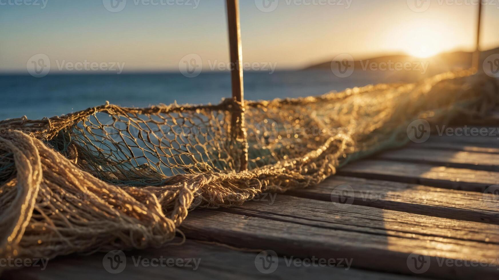 A close-up of a fishing net on a wooden dock at sunset by the ocean. photo