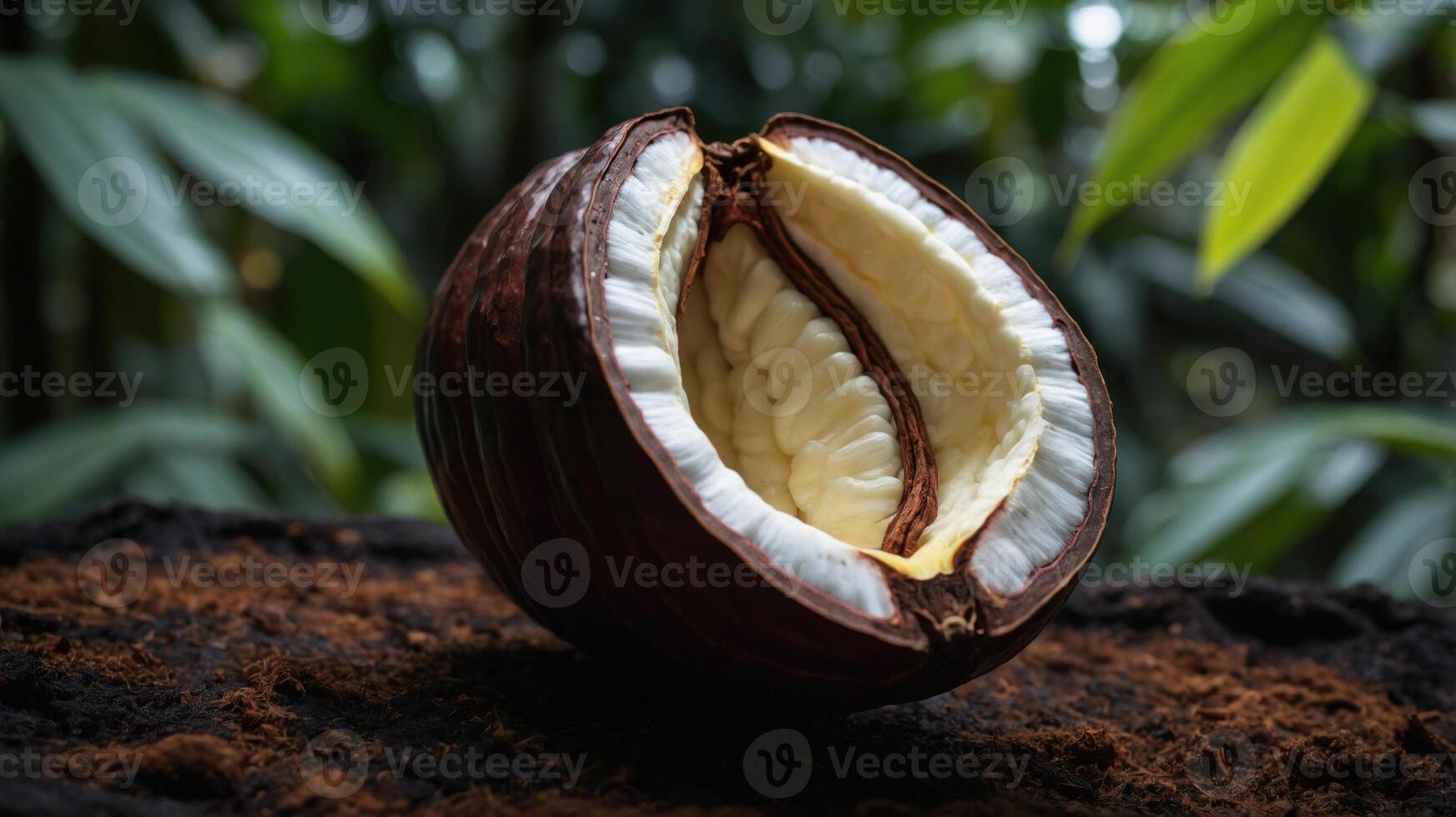 A cacao pod split open, revealing its seeds and white pulp against a natural backdrop. photo