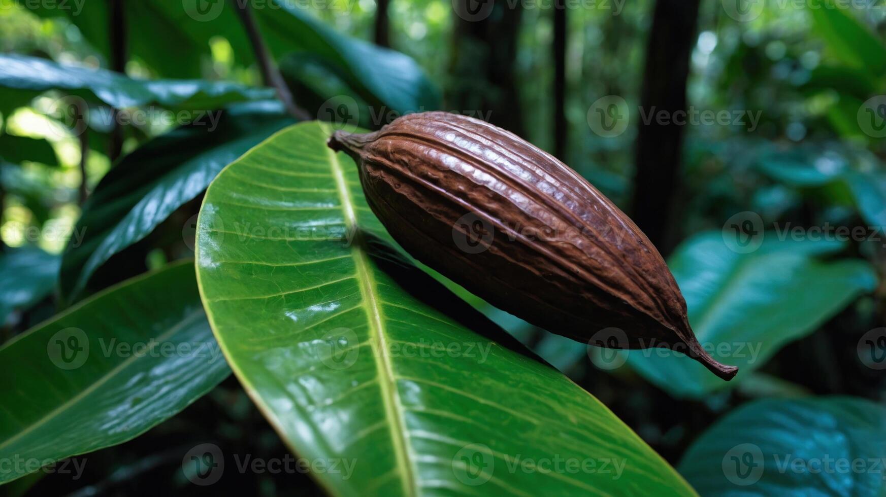 A cacao pod resting on a large green leaf in a lush forest environment. photo