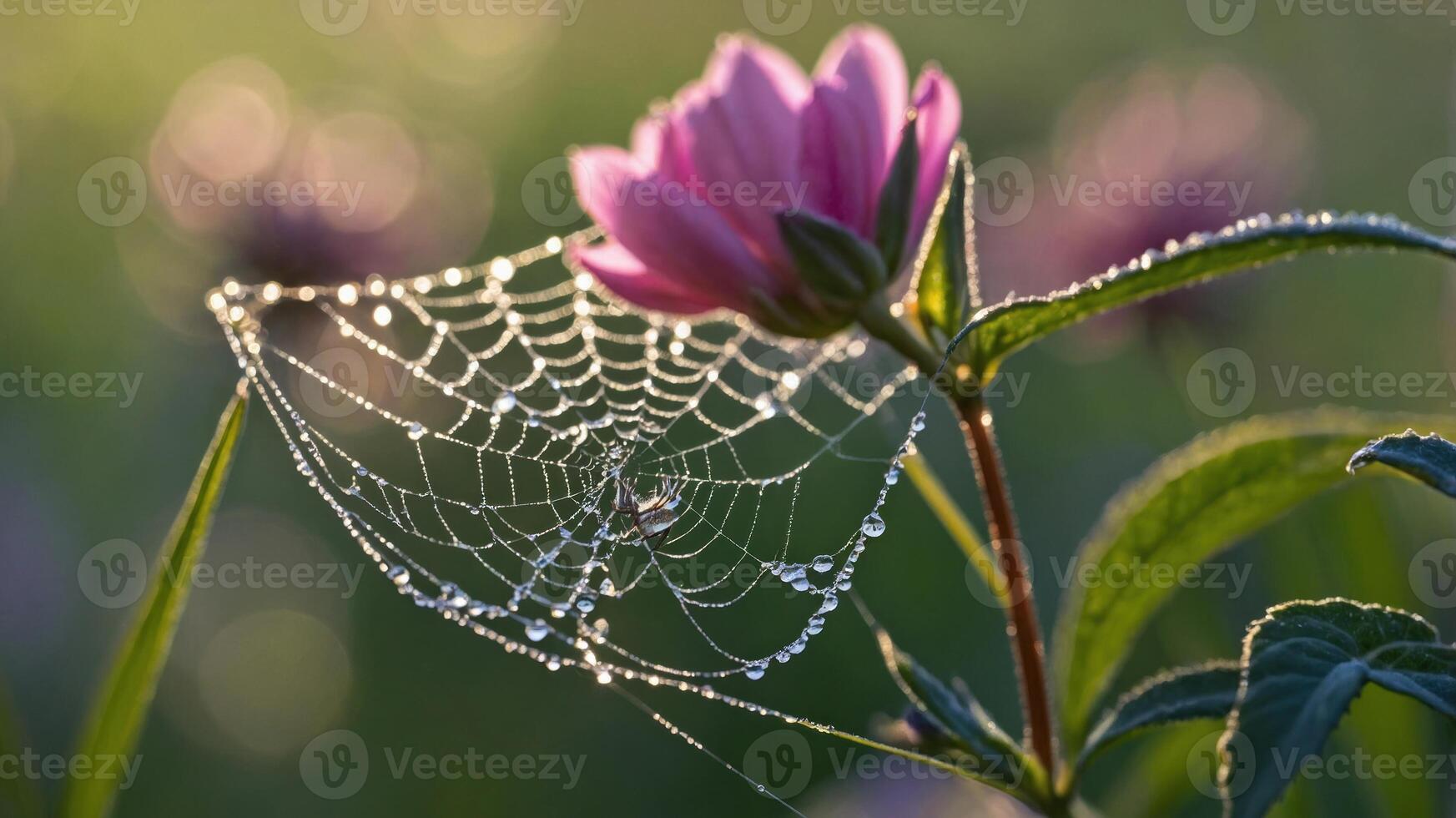 A delicate spiderweb adorned with dew, resting on a flower in a serene natural setting. photo