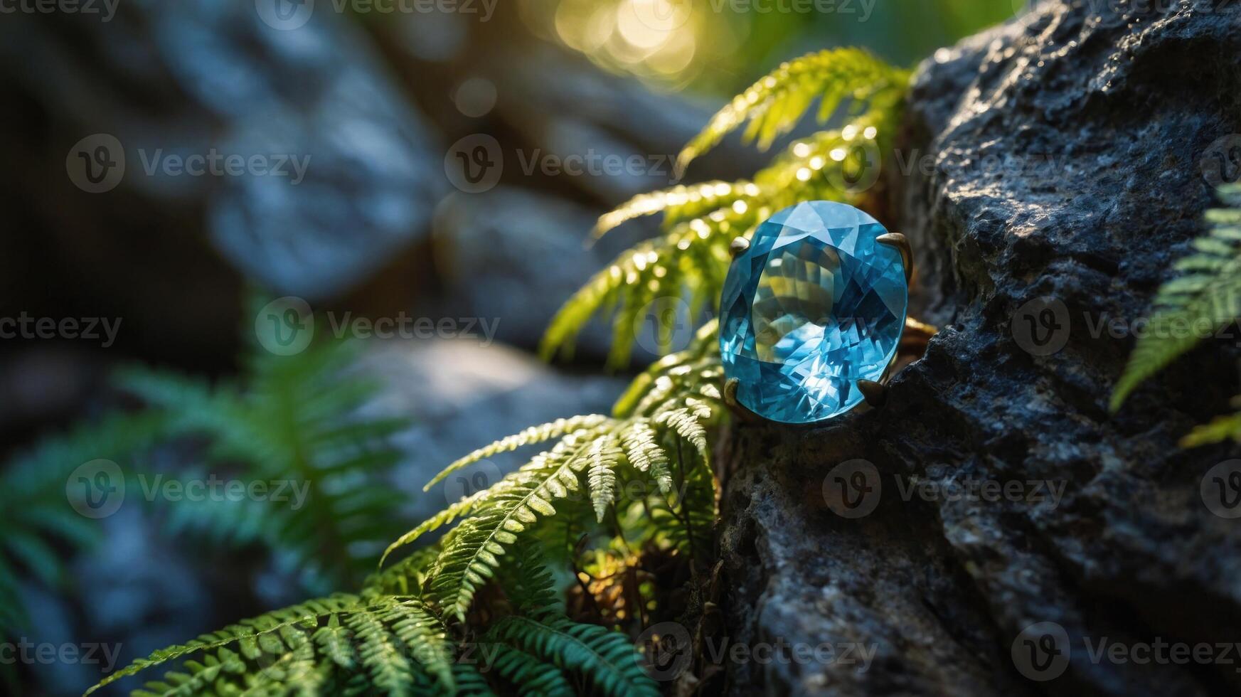 A sparkling blue gemstone rests on a rock amidst lush green ferns in a serene environment. photo