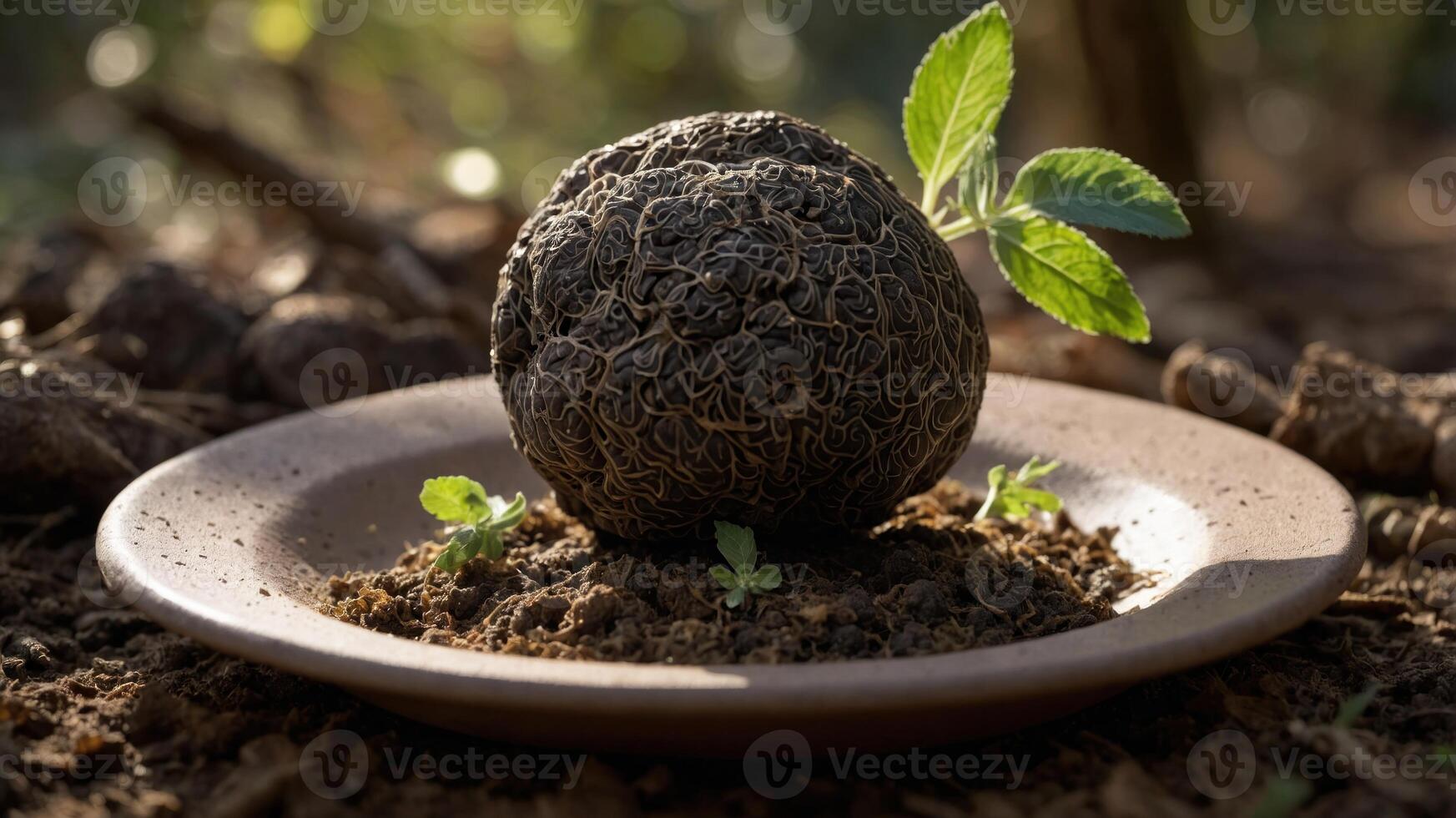 A textured, spherical object on a plate, surrounded by soil and small green plants. photo