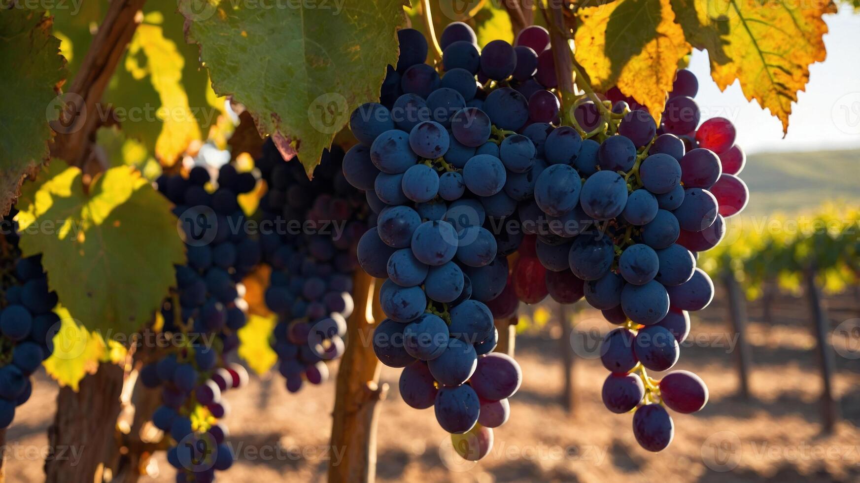 A close-up of ripe grapes hanging from a vine in a vineyard during golden hour. photo