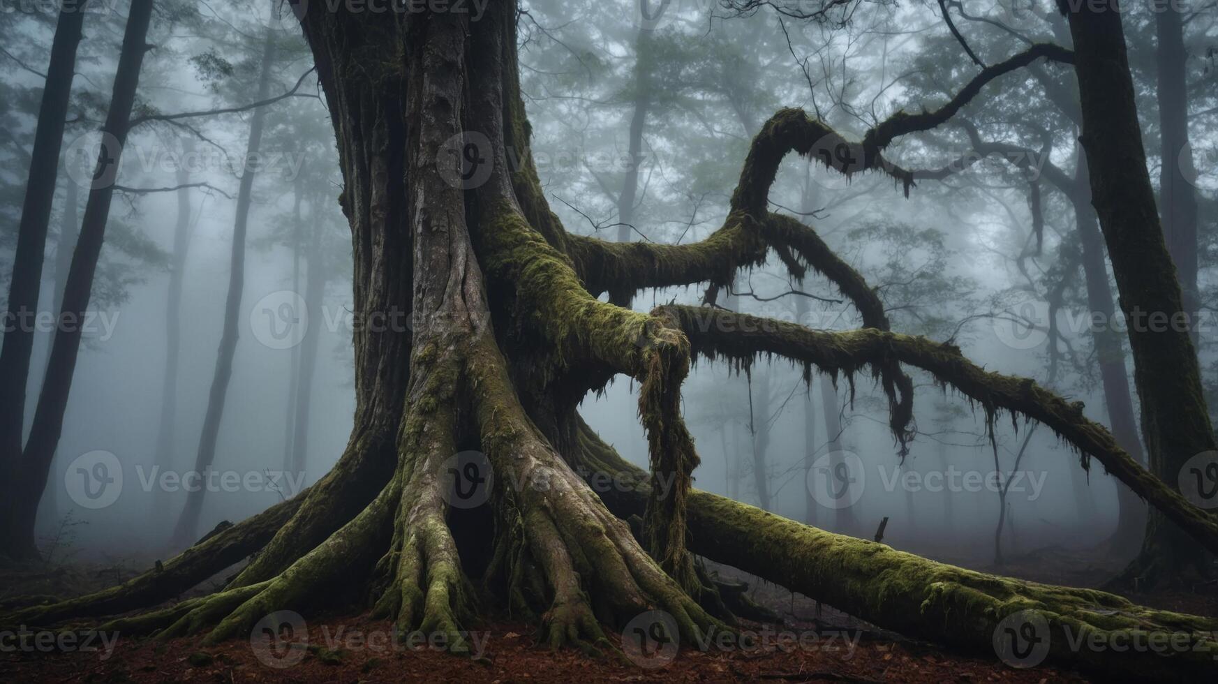 A majestic tree with moss-covered roots in a foggy forest, evoking a mystical atmosphere. photo