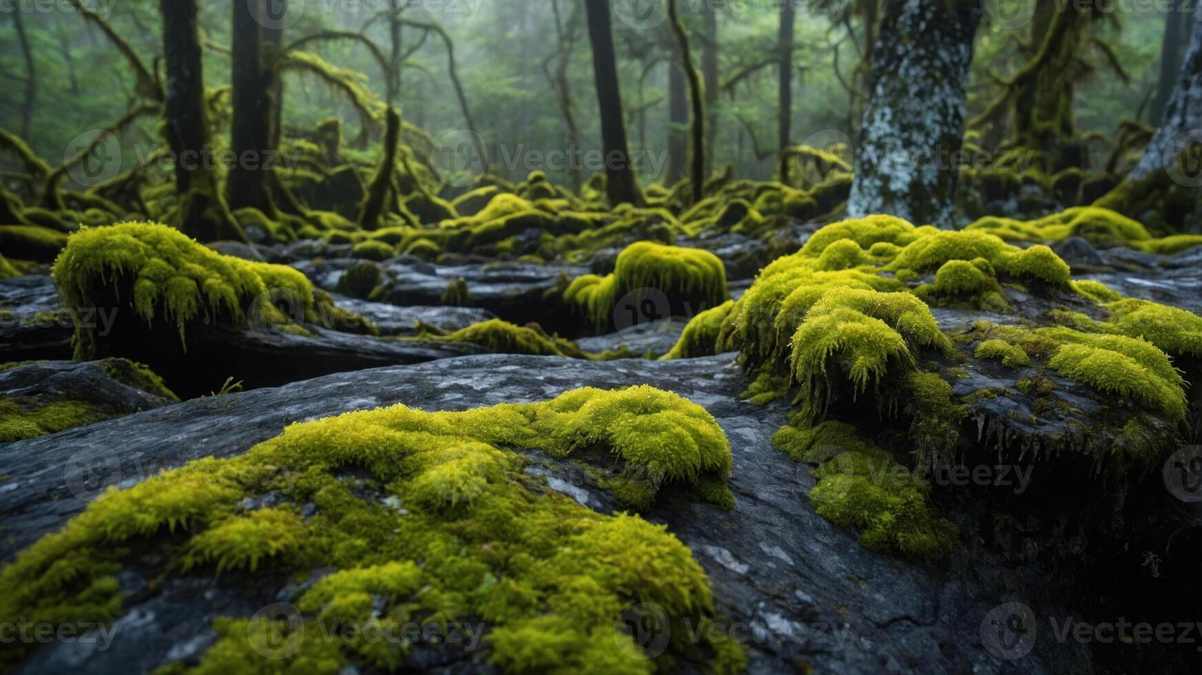 A lush forest floor covered in vibrant green moss and fallen logs, creating a serene atmosphere. photo