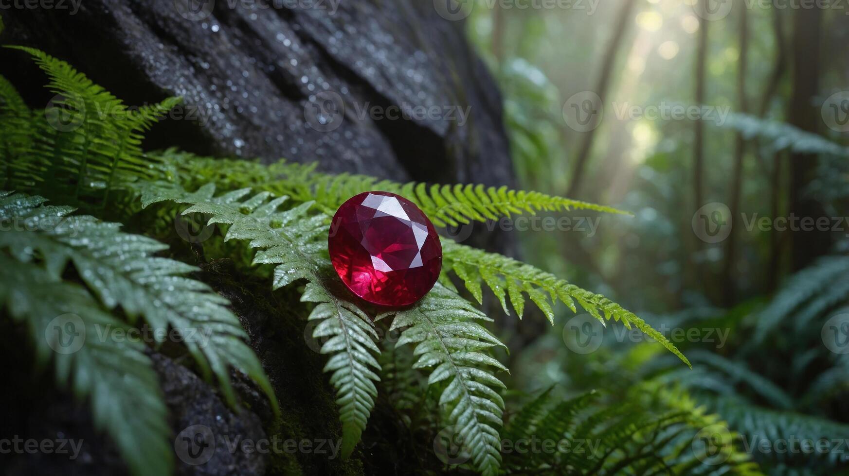 A vibrant ruby gem rests on lush green ferns in a serene forest setting. photo