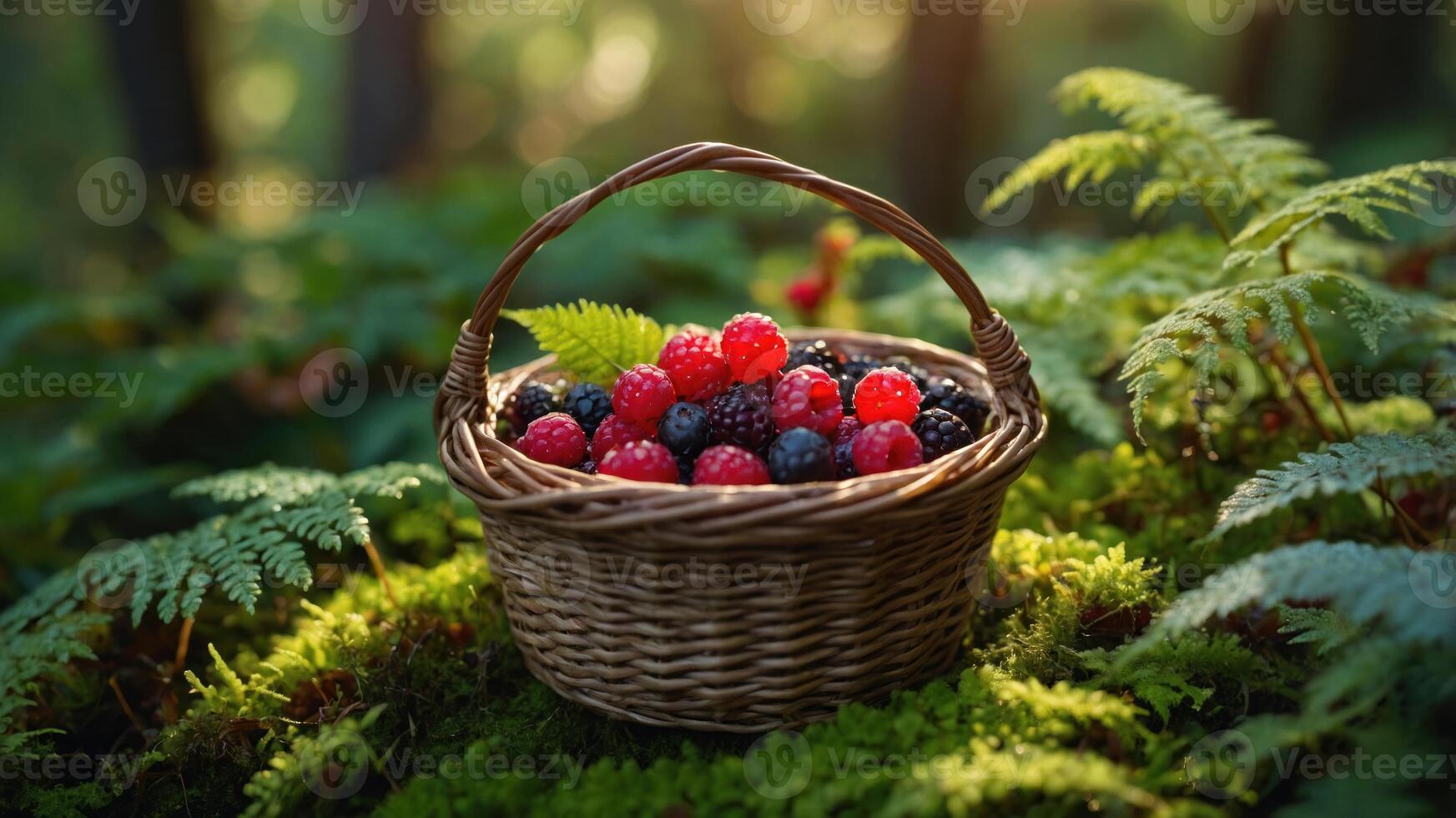 A woven basket filled with fresh berries sits on moss in a serene forest setting. photo