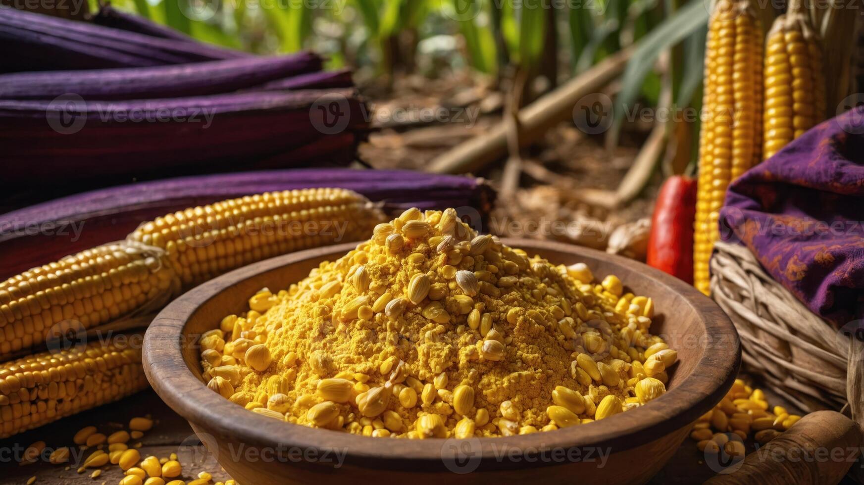 A vibrant display of corn and spices in a rustic setting, emphasizing agricultural richness. photo