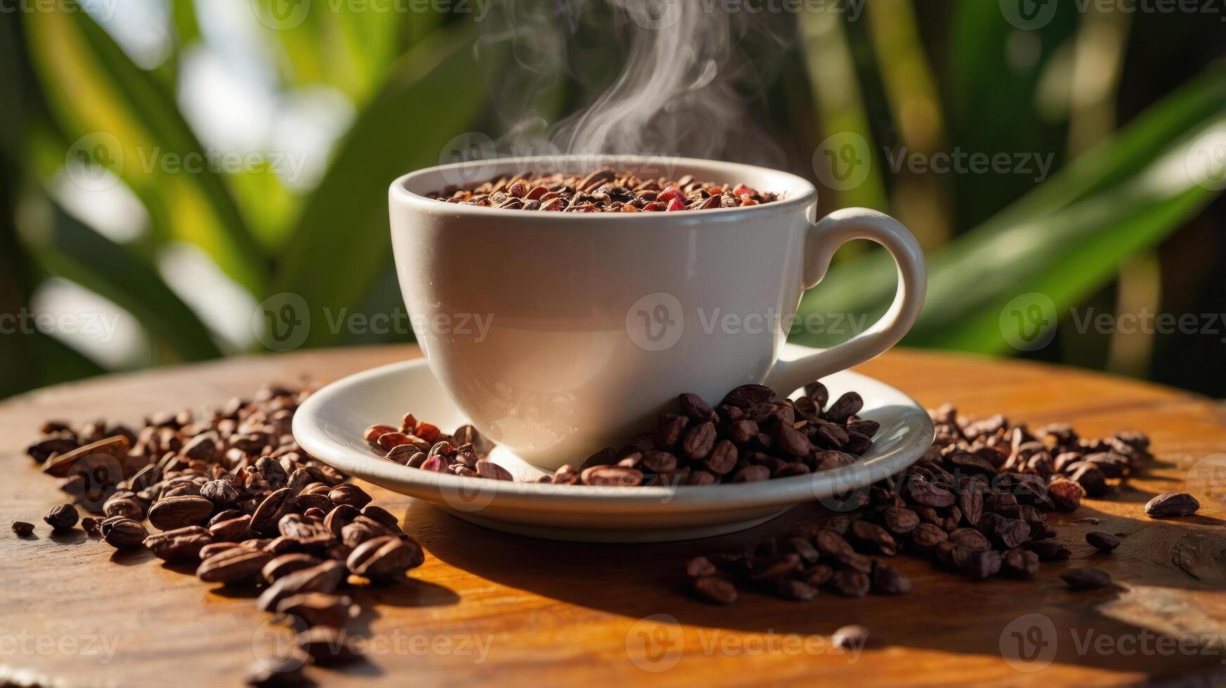 A steaming cup of coffee surrounded by cocoa beans on a wooden table. photo