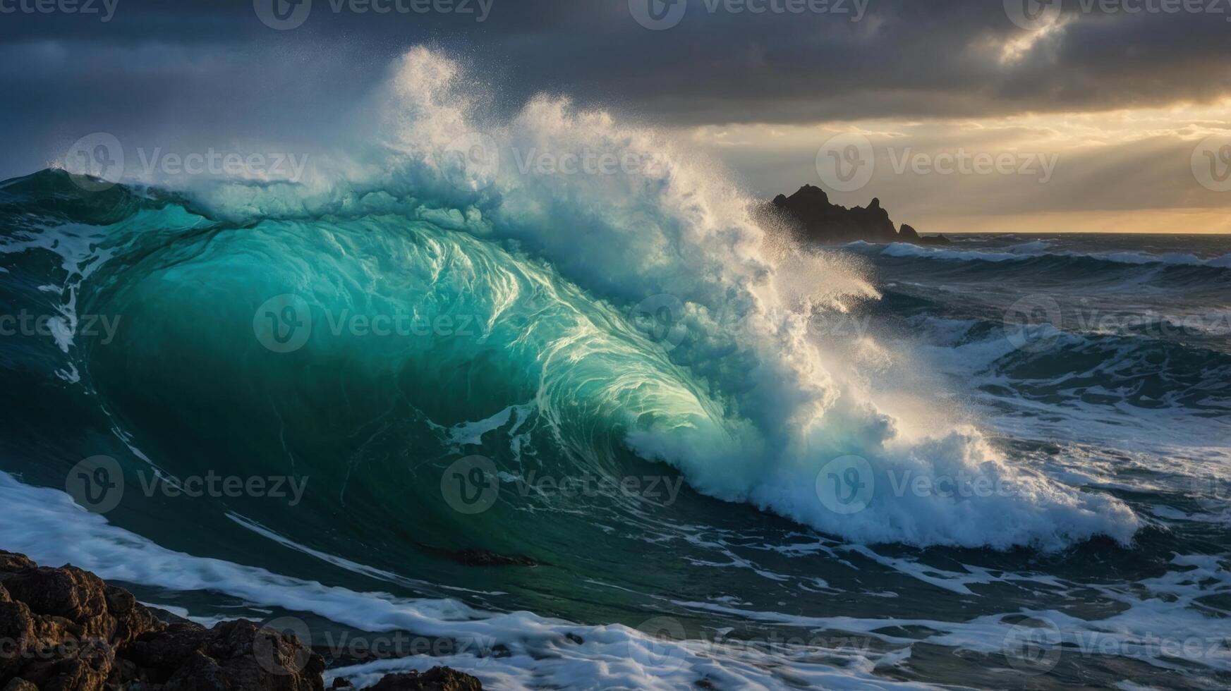 A powerful ocean wave crashing against rocks under dramatic lighting. photo